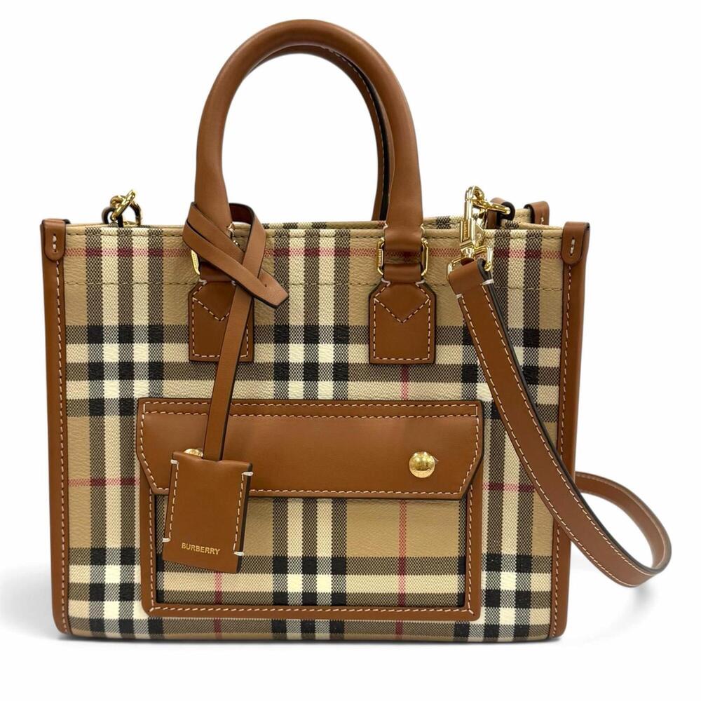 BURBERRY 8097566 Nova Check Pattern Leather Mini Freya Tote 2-Way Shoulder Ba...